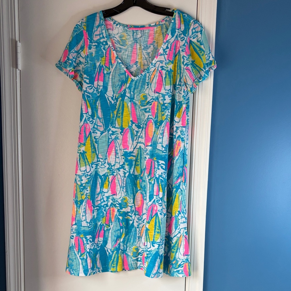 Lilly Pulitzer Blue Teal Pink Yellow Sailboat Print Dress